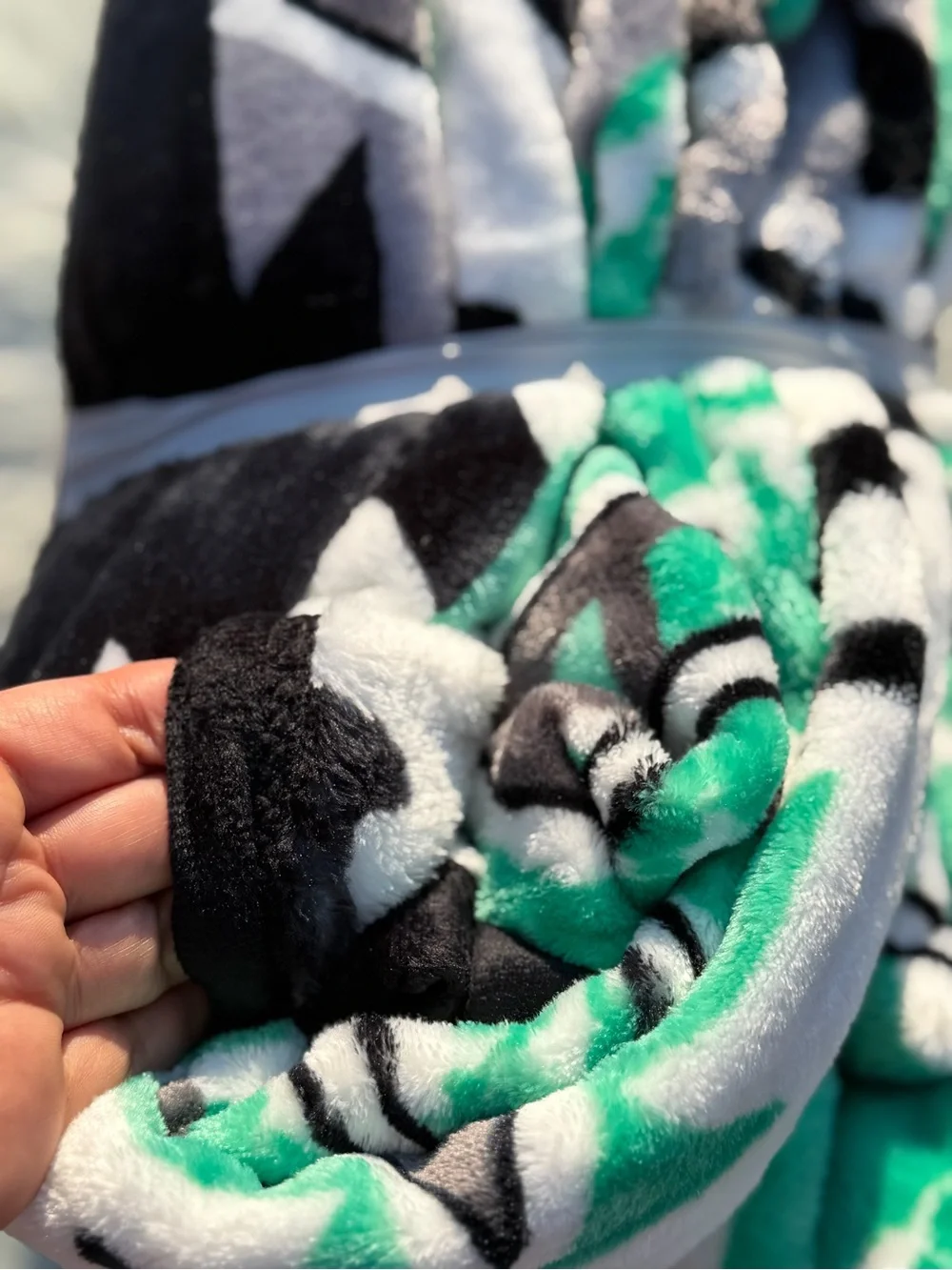 New king size flannel blanket cowhide and Aztec Print - Mint & Black and white